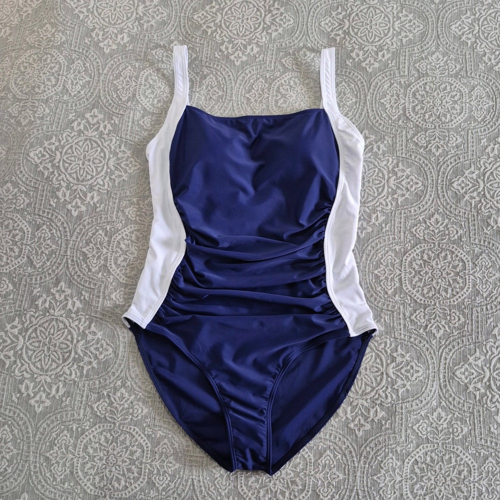 Womens Navy Blue White Colorblock Ruched One Piece Swimsuit XL Adjustable Straps